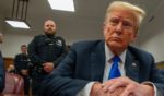 Former President Donald Trump looks on during his trial at Manhattan Criminal Court in New York on Thursday.