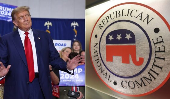 At left, former President Donald Trump arrives for a campaign rally in Green Bay, Wisconsin, on April 2. At right, the Republican National Committee logo is shown on the stage as crew members work at the North Charleston Coliseum in North Charleston, South Carolina, on Jan. 13, 2016.
