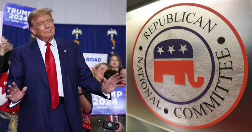 At left, former President Donald Trump arrives for a campaign rally in Green Bay, Wisconsin, on April 2. At right, the Republican National Committee logo is shown on the stage as crew members work at the North Charleston Coliseum in North Charleston, South Carolina, on Jan. 13, 2016.