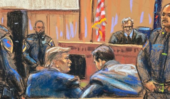 In this courtroom sketch, former U.S. President Donald Trump, left, sits with his attorney Todd Blanche before Justice Juan Merchan, during his trial at a Manhattan criminal court in New York.