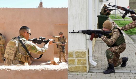 At left, U.S. airmen participate in a close-quarters battle refresher course at Nigerien Air Base 201 in Niger on Feb. 5, 2020. At right, Russian special forces troops take up firing positions as they attend a training session in the town of Gudermes in Chechnya on Dec. 13, 2022.