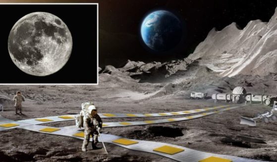 An artist rendering shows a NASA railway concept for the moon, with Earth on the horizon. A separate photo of the moon is shown at upper left.