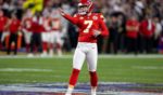 Harrison Butker of the Kansas City Chiefs lines up his field-goal attempt against the San Francisco 49ers during the Super Bowl at Allegiant Stadium in the Las Vegas area on Feb. 11.