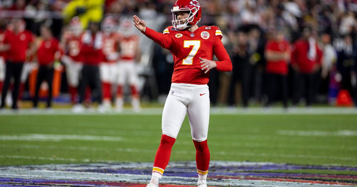 Harrison Butker of the Kansas City Chiefs lines up his field-goal attempt against the San Francisco 49ers during the Super Bowl at Allegiant Stadium in the Las Vegas area on Feb. 11.