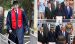 Former President Donald Trump and ex-first lady Melania Trump attend the graduation ceremony of their son, Barron, left, at Oxbridge Academy in West Palm Beach, Florida, on Friday.