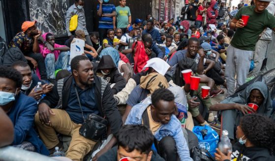 A multitude of recently arrived illegal immigrants to New York City camp outside of the Roosevelt Hotel on Aug. 1, 2023.