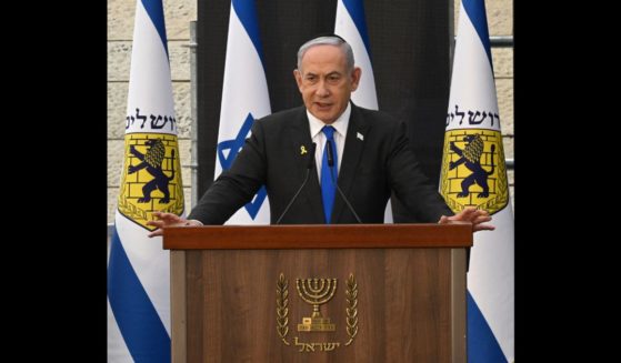 Israeli Prime Minister Benjamin Netanyahu gives a speech during a ceremony on the eve of the Memorial Day for fallen soldiers (Yom HaZikaron), at the Yad LaBanim Memorial in Jerusalem on May 12, 2024.