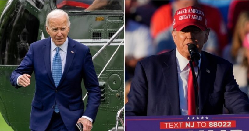 President Joe Biden, left, disembarking a helicopter on the White House lawn; former President Donald Trump, right, speaking at a rally Sunday in New Jersey.