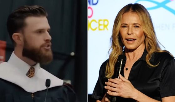 Kansas City Chiefs kicker Harrison Butker, left; comedian Chelsea Handler, speaking at an April fundraiser for cancer research in Los Angeles, right.