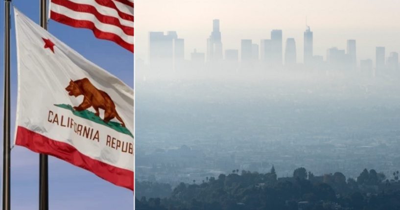 California's state flag, left, against a blue sky is a jarring contrast to a smog and smoke filled Los Angeles skyline.