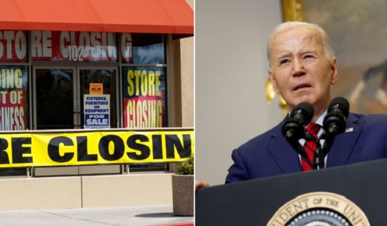 A stock photo of a store going out of business, left; President Joe Biden pictured speaking in the White House on Thursday, right.
