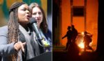 U.S. Rep. Cori Bush, pictured in a 2023 file photo, left; right, a scene from a 2020 riot in Boston over the death of George Floyd in police custody in Minneapolis.