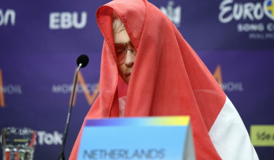 Joost Klein who represented the Netherlands, gestures during a news conference after the second semi-final of the Eurovision Song Contest, at the Malmo Arena, in Malmo, Sweden, on Thursday.