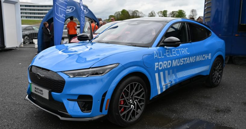 An All-Electric Ford Mustang Mach-E is picture at the Fully Charged Live UK car show in in London in April 2023.