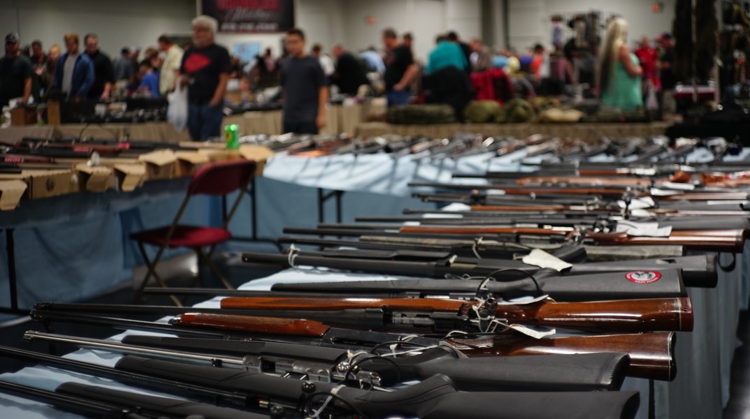 Weapons are on display in a Kansas City, Kansas, gun show in Kansas City, Kansas, in 2016.