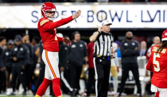 Harrison Butker of the Kansas City Chiefs aims before kicking a field goal during Super Bowl LVIII against the San Francisco 49ers at Allegiant Stadium in Las Vegas, Nevada.