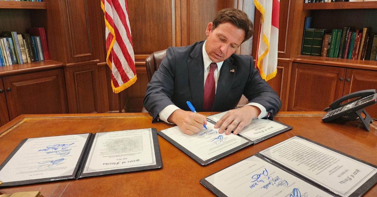 This X screen shot shows Republican Florida Gov. Ron DeSantis signing various bills into law on May 15, 2024.