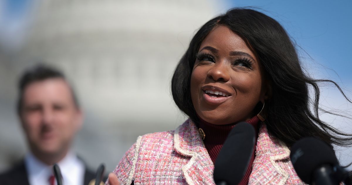 Rep. Jasmine Crockett (D-TX) speaks during a press conference outside the U.S. Capitol March 20, 2024 in Washington, DC.