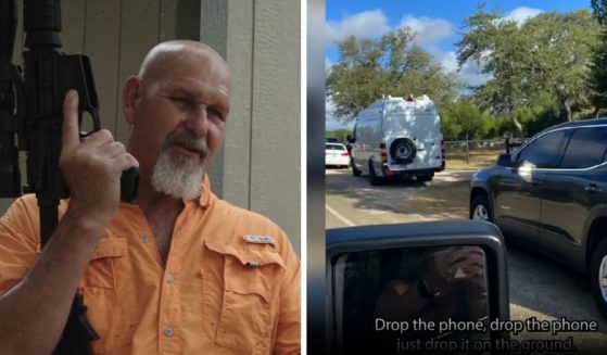 These movie screen shots from "Capitol Punishment 2: The War on Truth" shows (L) Darrel Kennemer, who attended the Jan. 6 protest at the Capitol, and (R) vehicles involved in an incident on his property.