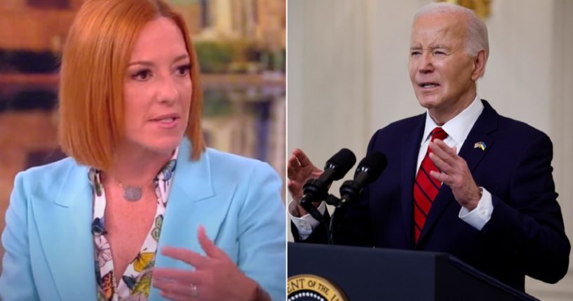 Former White House press secretary Jen Psaki, left, appearing on "The View" on Monday; right, President Joe Biden in an April 24, file photo in the White House.