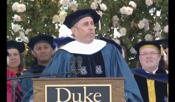 This X screen shot shows comedian Jerry Seinfeld giving a commencement speech at Duke University on May 12, 2024.