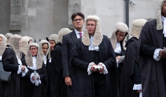 Judges in the U.K. judiciary are pictured in a file photo from October 2023 in London from the annual "Lord Chancellor's Breakfast," the traditional beginning of the U.K.'s legal year.