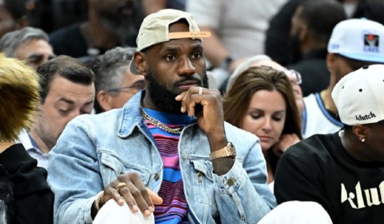 NBA star LeBron James is pictured attending Game 4 of the Eastern Conference second round playoffs May 13 at the Rocket Mortgage Fieldhouse in Cleveland.