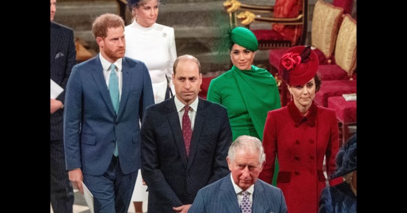 Britain's Prince Harry, Duke of Sussex (L) and Britain's Meghan, Duchess of Sussex (2nd R) follow Britain's Prince William, Duke of Cambridge (C) and Britain's Catherine, Duchess of Cambridge (R) as they depart Westminster Abbey after attending the annual Commonwealth Service in London on March 9, 2020.