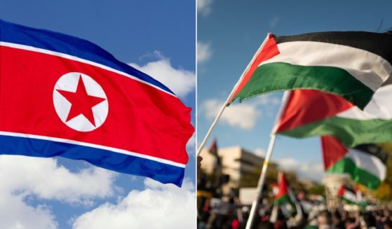 A flag of North Korea in a file photo, left; right, Palestinian flags are waved during a demonstration in Washington Oct. 21, right.