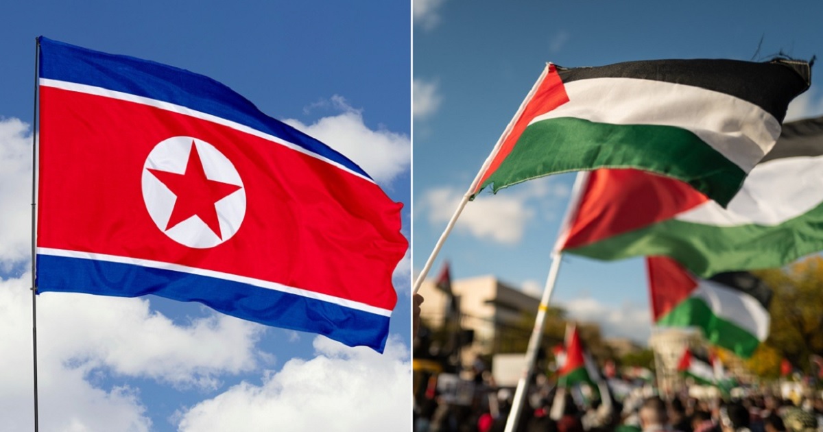 A flag of North Korea in a file photo, left; right, Palestinian flags are waved during a demonstration in Washington Oct. 21, right.