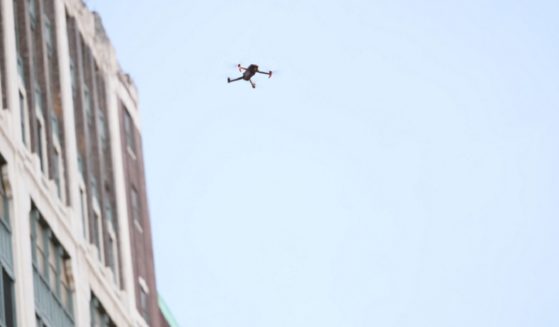 A New York Police Department drone hovers over anti-Israel activists during a Global Strike for Gaza event in December in New York.