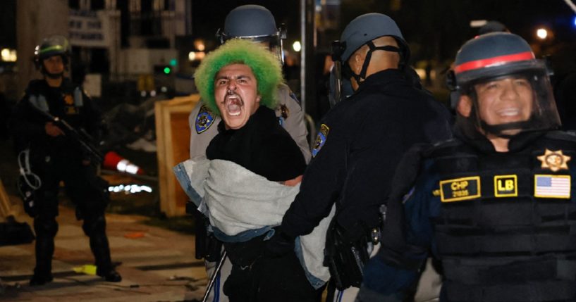 Ascreaming, green-wigged anti-Israel protester is arrested at the University of California, Los Angeles, campus early Wednesday.