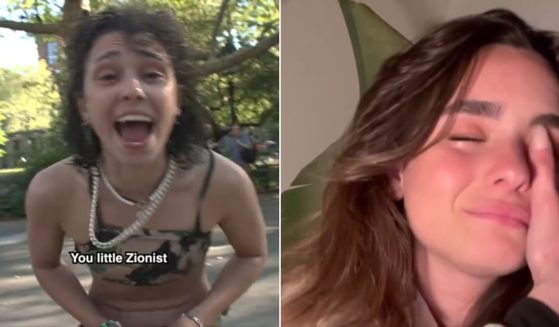 Noa Cochva, right, reacts to all the hatred she received on the streets of New York, including from an anti-Israel activist with a knife, left.