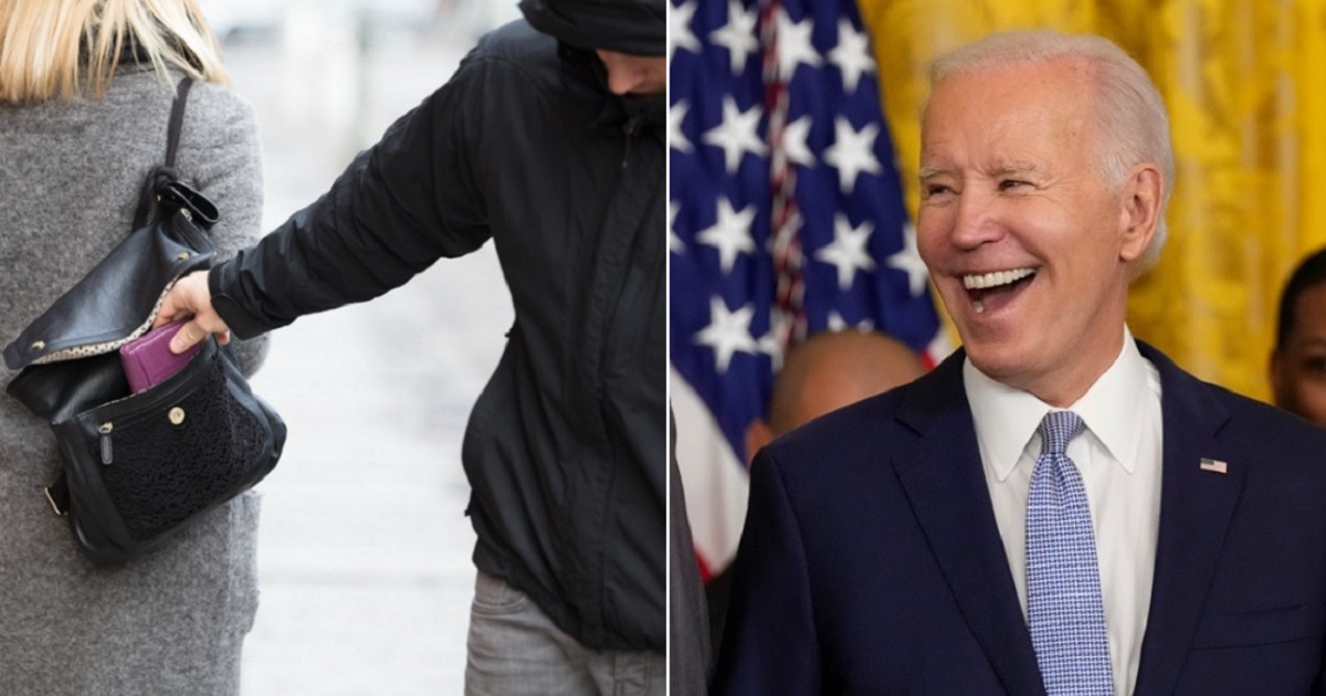 A stock image of a man stealing from a woman's purse, left; President Joe Biden laughing, right.