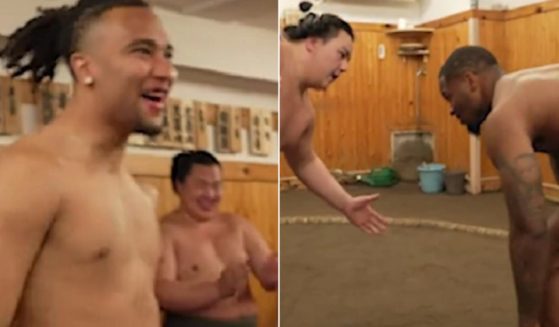Houston Texans quarterback C.J. Stroud, left, laughs; Dallas Cowboys linebacker Micah Parsons, right, lines up to take on a sumo wrestler last week in Tokyo.