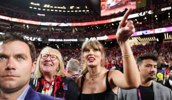 Donna Kelce and Taylor Swift celebrate after Super Bowl LVIII against the San Francisco 49ers at Allegiant Stadium on February 11, 2024 in Las Vegas, NV.