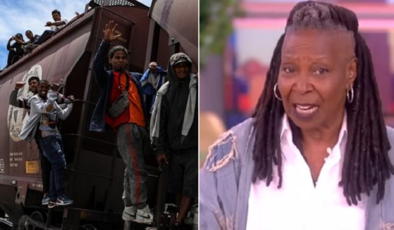 Left: Migrants travel illegally aboard a Mexican train known as "The Beast" as they arrive at Ciudad Juarez, Mexico, en route to crossing the U.S. border illegally. Right, "The View" co-host Whoopi Goldberg on Wednesday's episode.