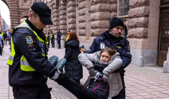 Greta Thunberg is arrested by police officers during a protest with "Reclaim The Future" outside of the Swedish parliament, Riksdag, on March 15, 2024 in Stockholm, Sweden.