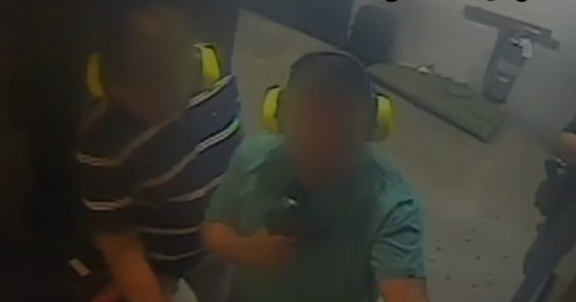 This X screen shot shows two unidentified men who received a lifetime ban from Top Gun Range in Houston, Texas, for failing to adhere to gun safety protocols.