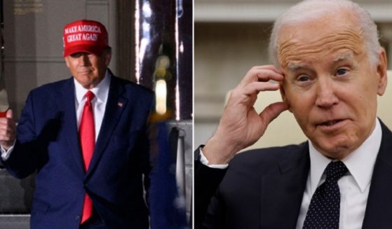 Former President Donald Trump gives a thumbs up, left, in a file photo from 2022. President Joe Biden, right, is pictured in the Oval Office on Tuesday.