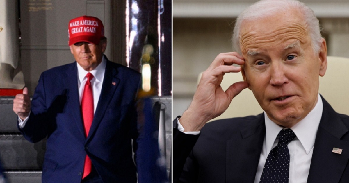 Former President Donald Trump gives a thumbs up, left, in a file photo from 2022. President Joe Biden, right, is pictured in the Oval Office on Tuesday.