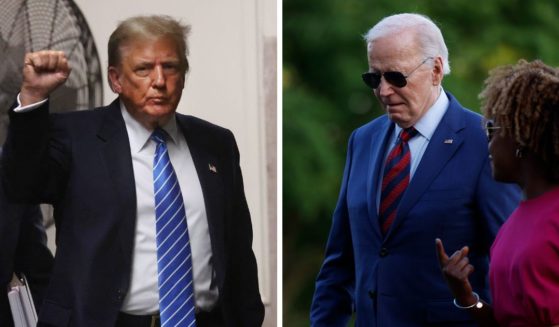 (L) Former U.S. President Donald Trump and attorney Todd Blanche (not pictured) return from a break during his trial for allegedly covering up hush money payments at Manhattan Criminal Court on May 13, 2024 in New York City. (R) U.S. President Joe Biden walks with White House Press Secretary Karine Jean-Pierre as they return to the White House on May 2, 2024 in Washington, DC.
