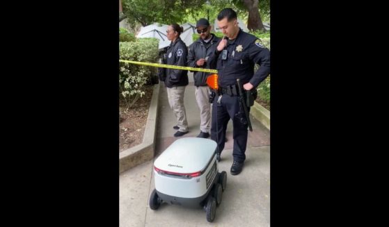 This X screen shot shows a delivery robot being denied access to a pro-Palestinian protester encampment on UCLA during May 23, 2024.