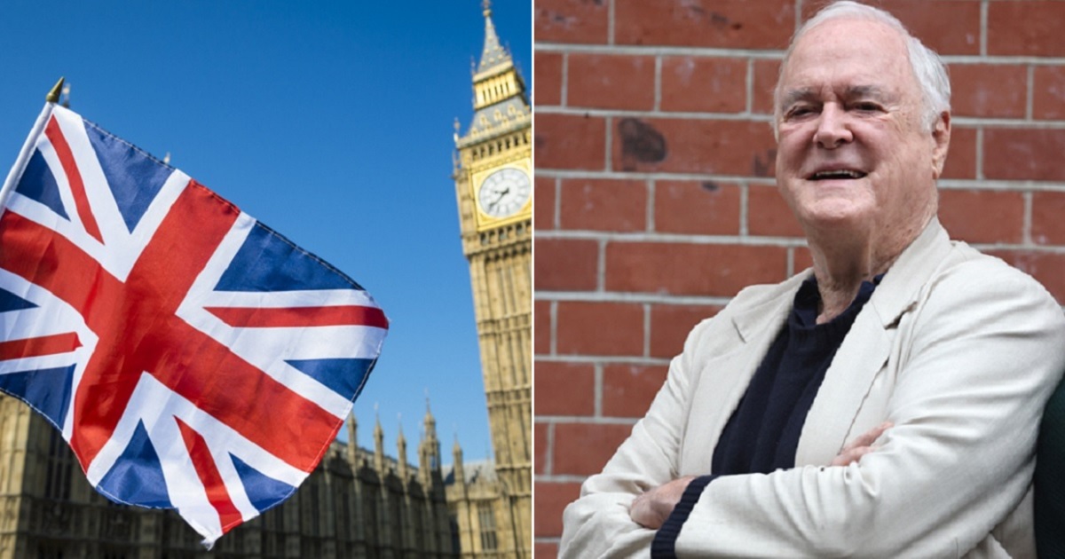 The flag of the United Kingdom flies over London with Big Ben in the background, left; right, British comedian John Cleese.