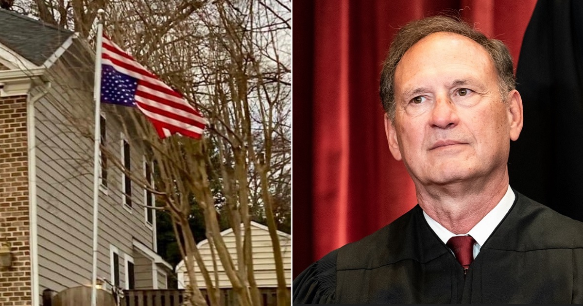 A photo of an American flag upside down outside Justice Samuel Alito's home in 2021, left; Alito, right.