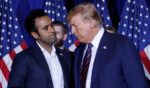 Former President Donald shakes hands in a Jan. 23 file photo with Vivek Ramaswamy, the former biotech executive who challenged Trump for the GOP nomination before dropping out of the race and endorsing Trump.