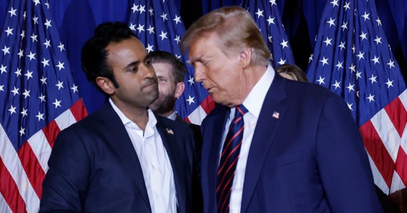 Former President Donald shakes hands in a Jan. 23 file photo with Vivek Ramaswamy, the former biotech executive who challenged Trump for the GOP nomination before dropping out of the race and endorsing Trump.