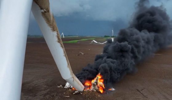 A fallen wind turbine is on fire in Iowa.