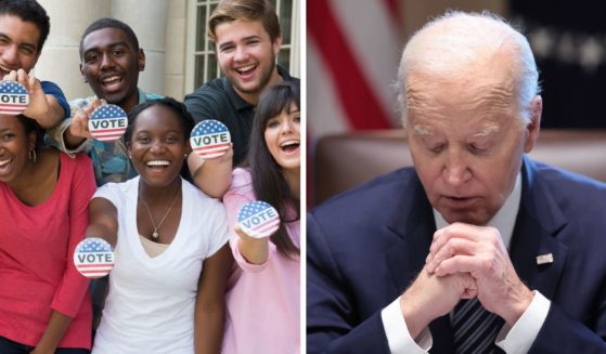 (L) This Getty stock image shows young voters. (R) U.S. President Joe Biden delivers remarks while meeting with the Joint Chiefs and Combatant Commanders in the Cabinet Room of the White House May 15, 2024 in Washington, DC.