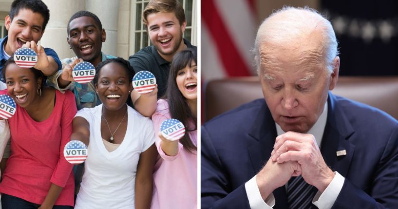 (L) This Getty stock image shows young voters. (R) U.S. President Joe Biden delivers remarks while meeting with the Joint Chiefs and Combatant Commanders in the Cabinet Room of the White House May 15, 2024 in Washington, DC.